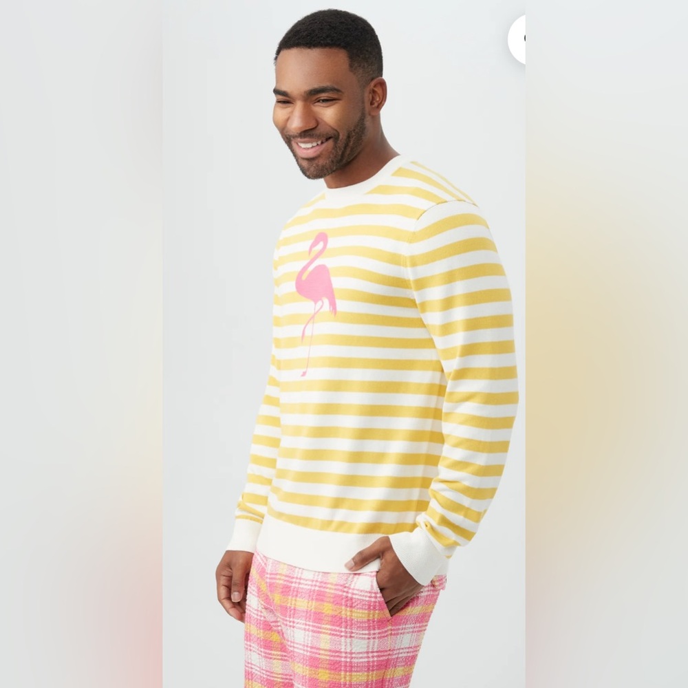 πΎMR TURK James crewneck Yellow and White Striped Flamingo Sweater size L NWT.. - Picture 5 of 7